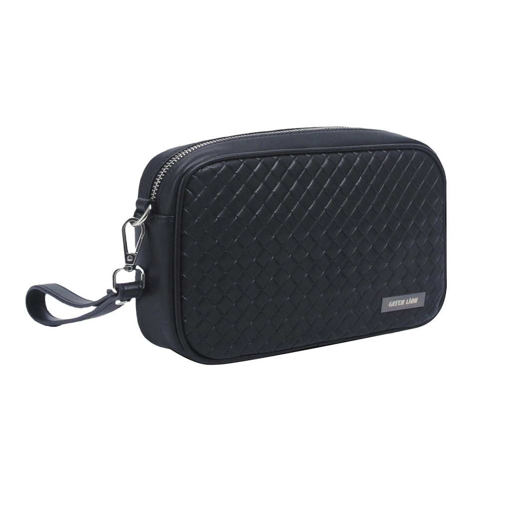 Green Lion Verso Clutch Bag, Water-Resistant Exterior, Three Compartments, Ergonomic Design, Organized Space, Soft Interior, Sturdy Handle, Mesh Pockets, Delicate Texture- Black