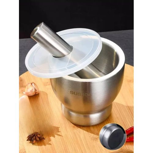 10CM Hamandista Brushed Stainless Steel Mortar And Pestle Spice Grinder Crusher Bowl Manual Garlic Spice Herb Tamping Rammer Kitchen Food Tools - Multicolor