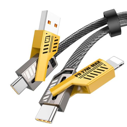 Cheetah CA-1300 Metal USB Fast Flat Wire Charging 2TO2 Cable 4-in-1 Nylon Type C/USB A/for Lightning 27W, 67W Power 3A, 4.5A, 5A, 6A Compatible With Iphone, Samsung Galaxy Super Fast Charging Oppo Voo