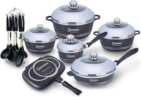 Dessini 18 Pieces Non Stick Cookware Set With A Grill Pan Frying Pan And Saucepans-Black/Silver
