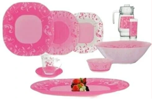 Luminarc Tempered Jazzy Pink Plates, Cups, Bowls Glass Dinnerware Set, 46 Piece, Multicolor