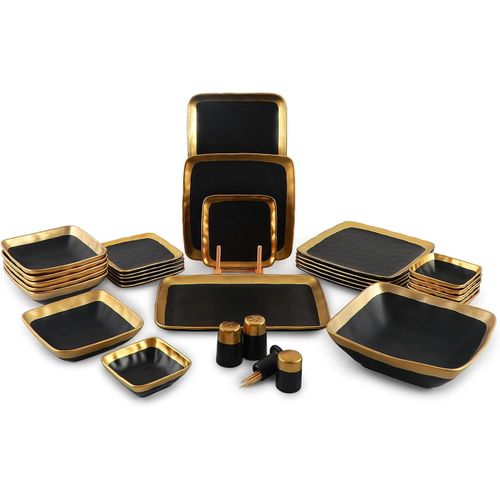 Life Smile 30 Pieces Porcelain Plates Bowls Side plates Dinner Set Microwave Safe Tableware Set Dishwasher Safe dinner serving set for 6 - Black Gold