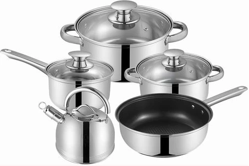 8PC Stainless Steel Saucepans Cookware Pots With Kettle And Frying Pan -Silver .