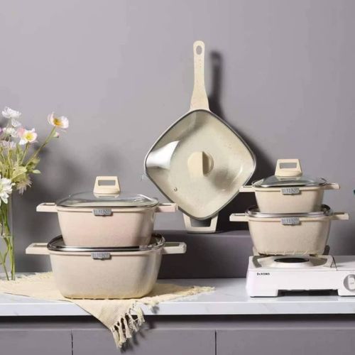 10PCS Square Casserole Non Stick Soup Cooking Pots Marble Fry Pan With Handle Die Cast Aluminum Casserole Cookware Set Saucepans With Serving Spoons Utensils