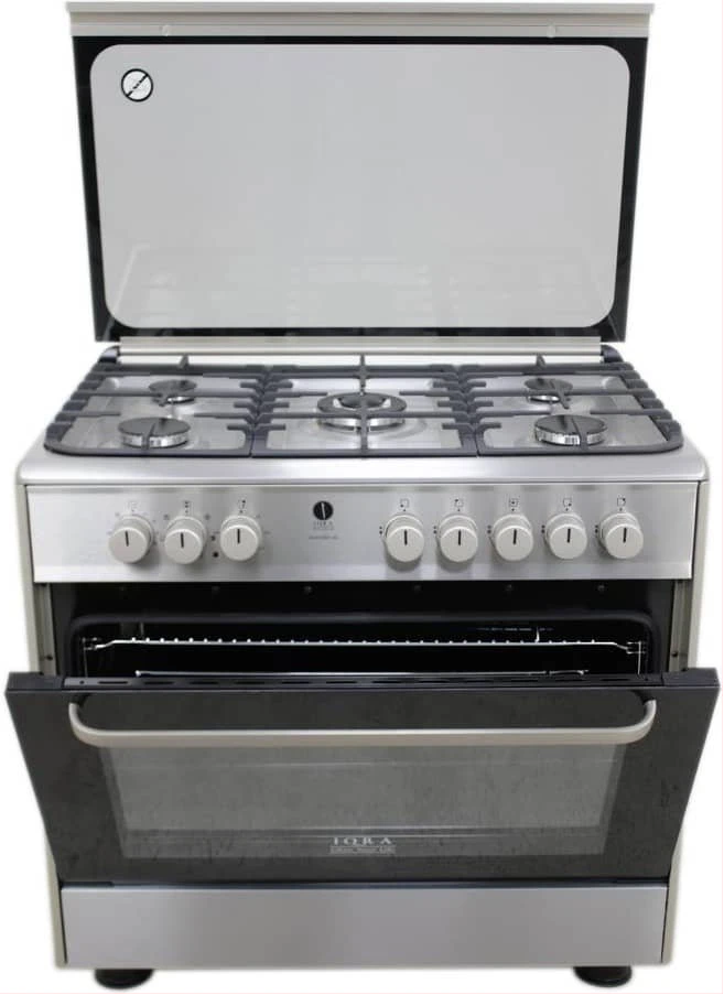 IQRA Full Gas Cooker 90x60cm, IQ-FC9001SS 5-Gas Burners Cooker, Auto Ignition, Electric Oven, Dual Fan, Grill & Rotisserie - Stainless Steel