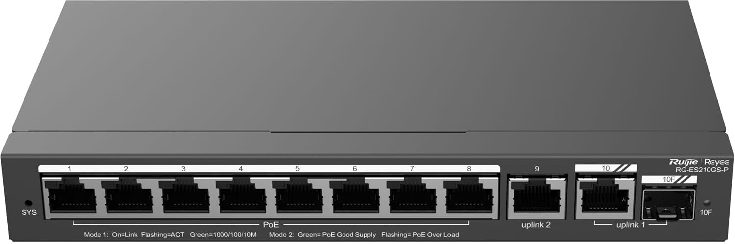 Ruijie Reyee RG-ES210GS-P, 10-Port Gigabit Smart Cloud Managed PoE Switch, Lifetime Management, IP Camera Recognition, Unique Value for CCTV Network