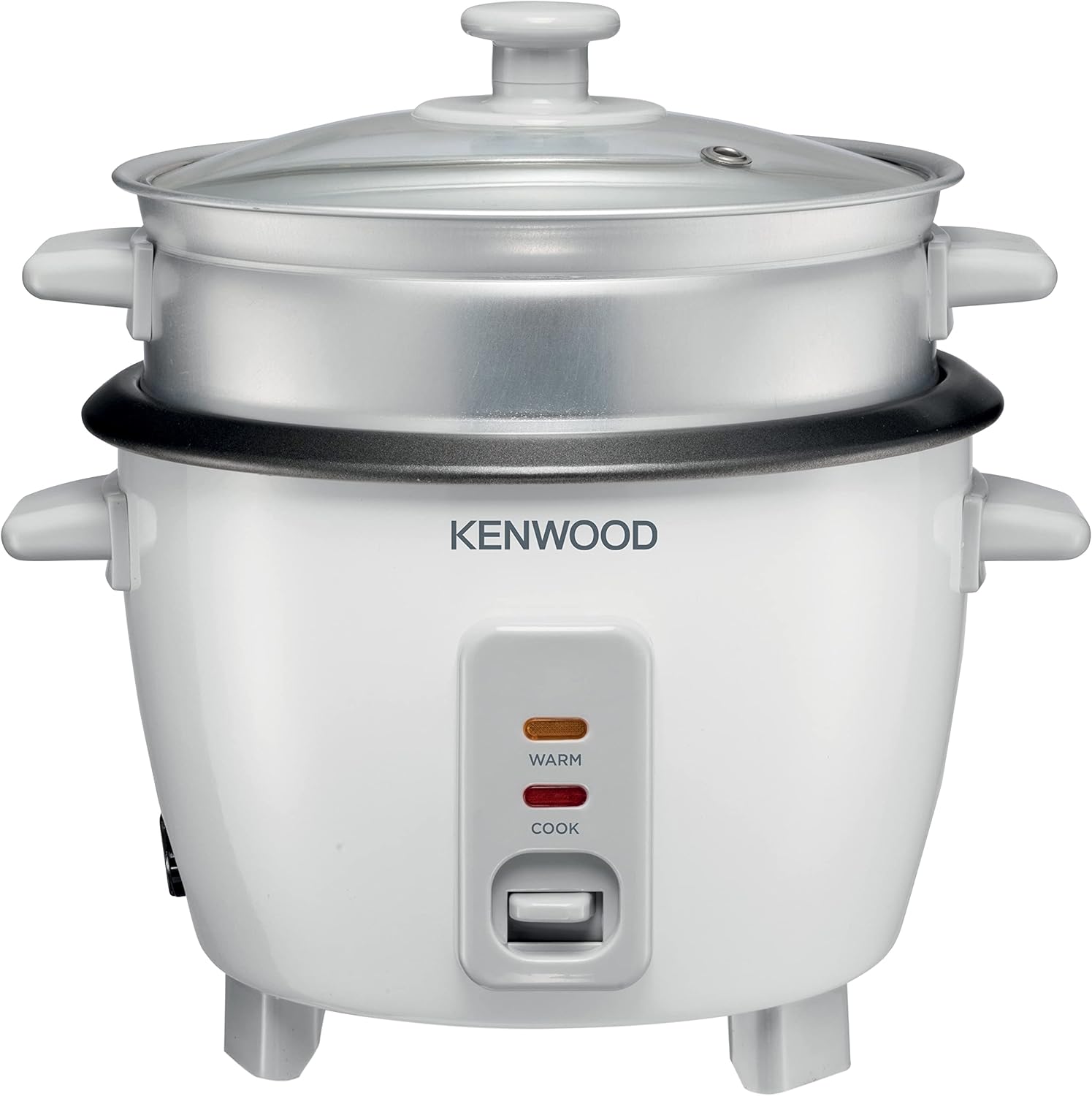 KENWOOD 2-in-1 Rice Cooker 0.6L 3-Cups Rice with Food Steamer Basket, Non-Stick Cooking Pot, Temepered Glass Lid, Warm/Cook Lights, Spatula Holder, Detachable Cord RCM30.000WH White