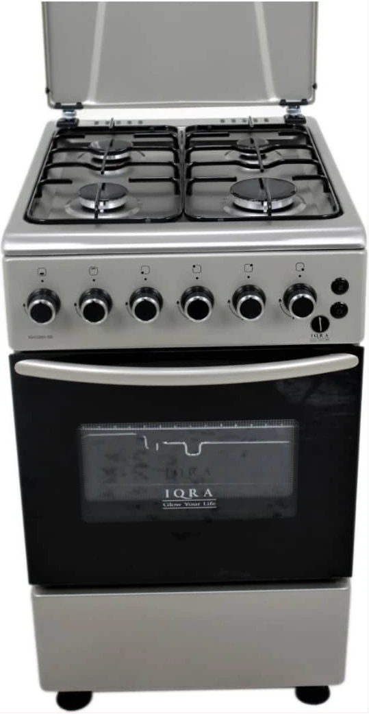 IQRA Full Gas Cooker 50x60cm, IQ-C2001SS 4-Gas Burners Cooker, Auto Ignition, With Gas Oven, Grill & Rotisserie - Stainless Steel