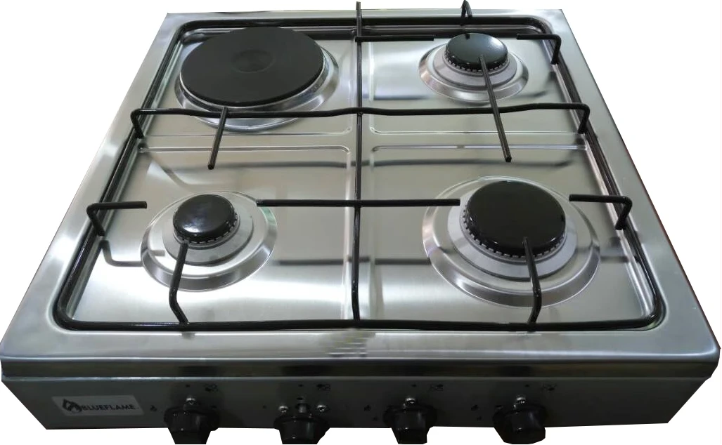 Blueflame Desktop Gas Cooker, 3 Gas + 1 Electric Plate, Auto Ignition, Combo Cooktop - Inox