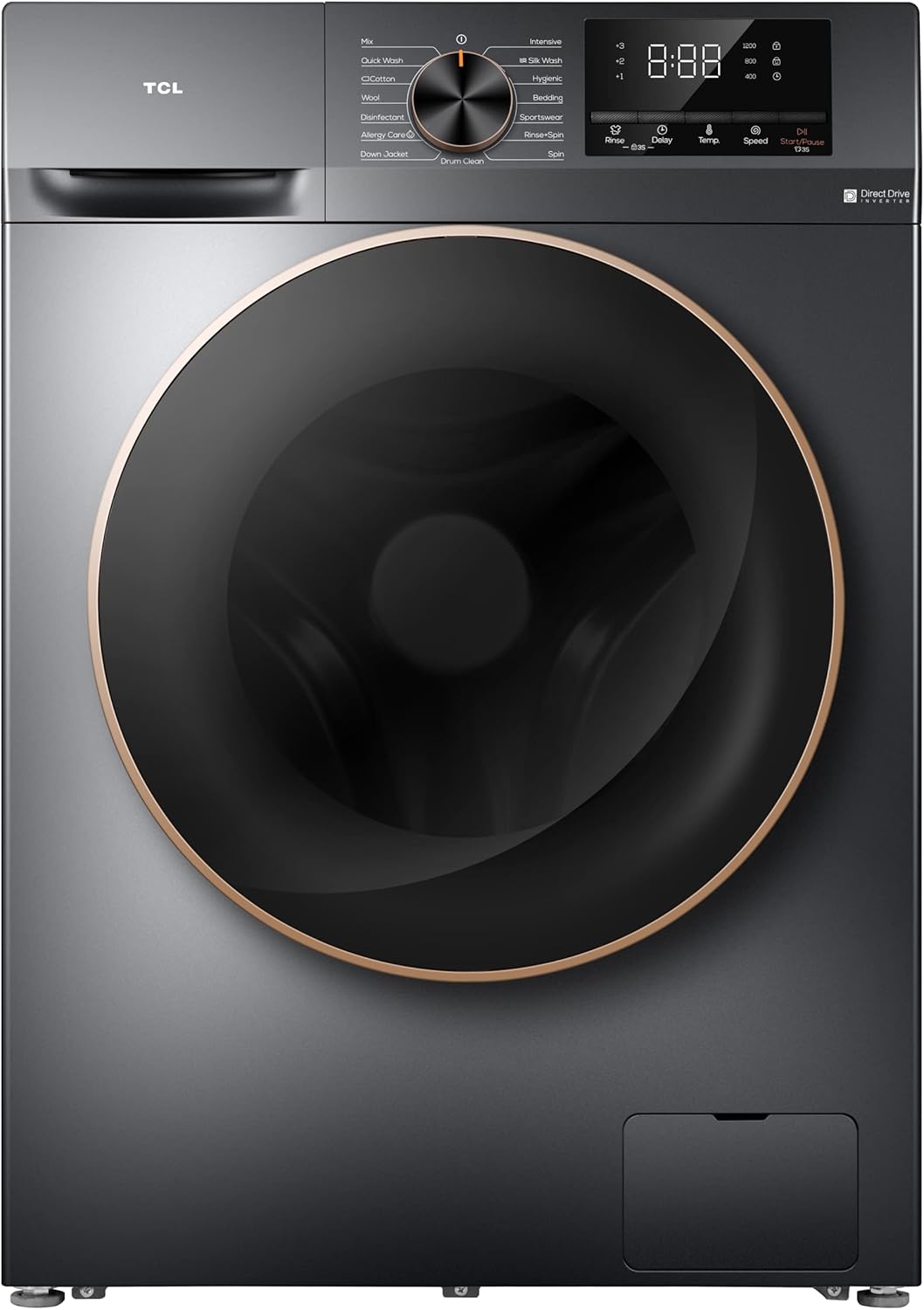 TCL 10Kg Front Load Washing Machine P210FLG, 1200 RPM, Direct Drive Inverter Motor, 15 Programs, Drum Clean, Delay Start, Child Safety Lock, Honeycomb Drum - Grey