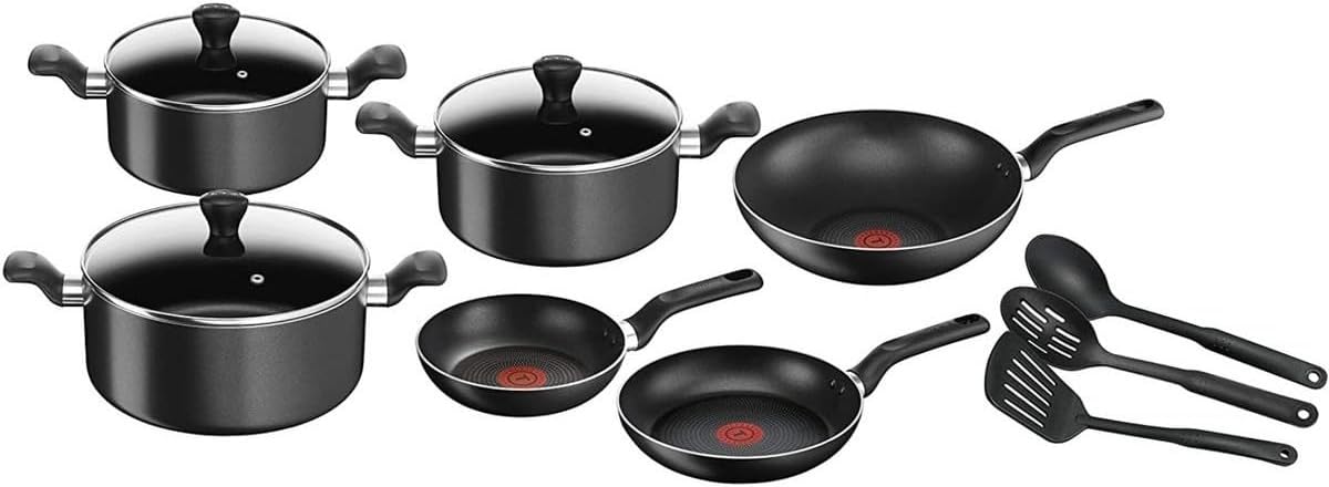 Tefal Super Cook, 12 PCS Non-Stick Cookware Set, Black, Aluminium, B143SC86