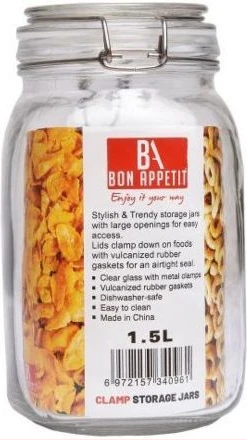 1Litre Glass Clip Jar, Cereal Food Cookie Storage Tin, Colourless