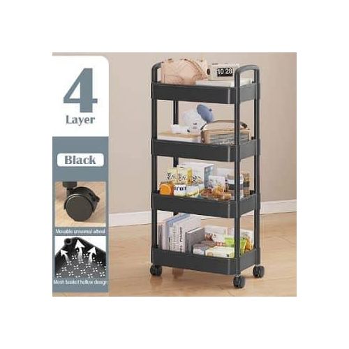 4 Layer Multi-functional ABS Plastic Mobile Vegetable Storage Rack Pantry Trolley Kitchen Bedroom Bathroom Office Organizer Utility Rolling Cart Drainage Basket With Wheels, Handle
