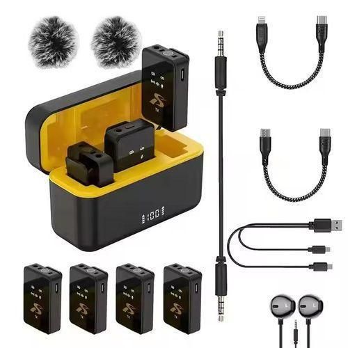 SX12 4 in 1 Professional Clip Wireless Lavalier Microphone with Charging Case for Camera/PC/Compatible with iPhone Android, with Charging Case, Noise Canceling, 4GB Storage for 9hrs Recorder, Max 200m