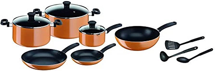 Tefal Prima B168A374 Cooking Set of 12 Pieces, Orange/Black, Aluminum