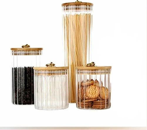 4PC Airtight Storage Pantry Food Glass Jars With Bamboo Clamp Lids- Clear.