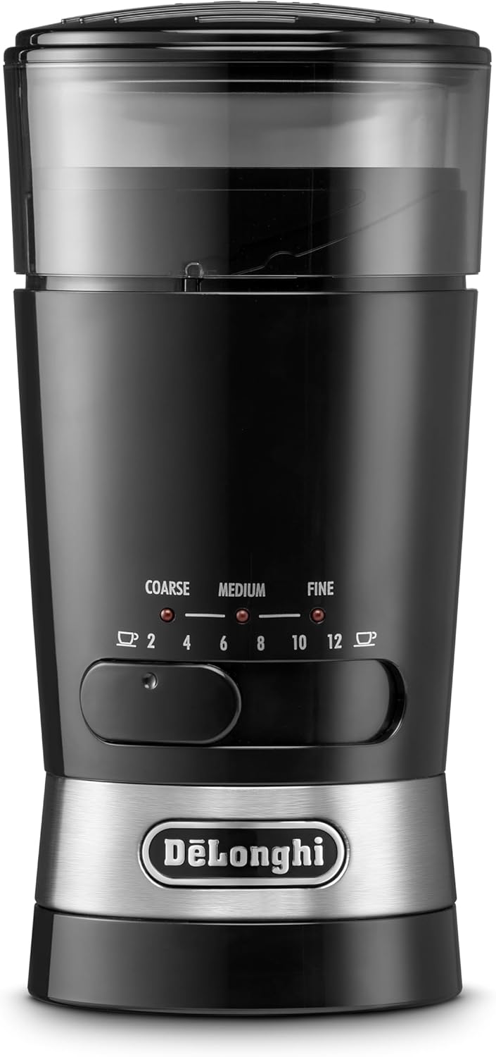De'Longhi Electric Coffee & Spices Grinder Mill KG210, With Stainless Steel Blade, & 3 Grinding Level Settings, 12 Cups Capacity - Black.