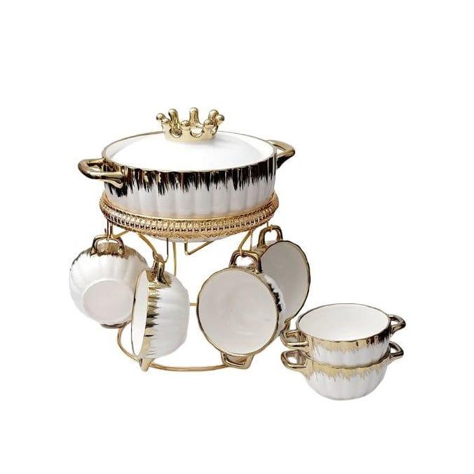 Fancy Ceramic Soup Tureen Bowl Gift Set with 6 Soup Bowls/Cups with Handles, Gold Stand & Lid, Hotpot Style Home Decor Kitchen Utensils Set for Ramen Pasta Gravy