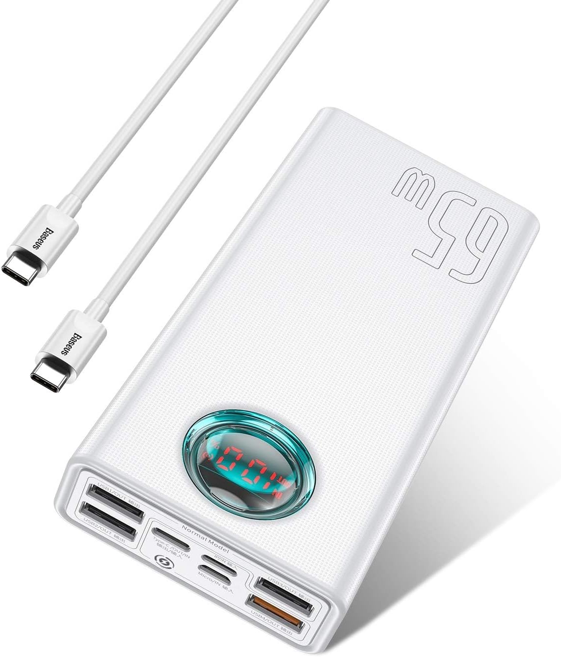 Baseus Portable Charger, 30000mAh Power Bank 65W Battery Pack, Smart Digital Display, 7-Port for Laptop, MacBook, iPhone 16/15/14/13, Steam Deck (White)