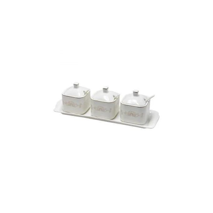 3 pcs Ceramics Condiment Jar, 10OZ Sugar Bowl Porcelain Spice Pots with Ceramic spoon and Tray, Seasoning Pepper Box for Salt, Spices, Canisters- White