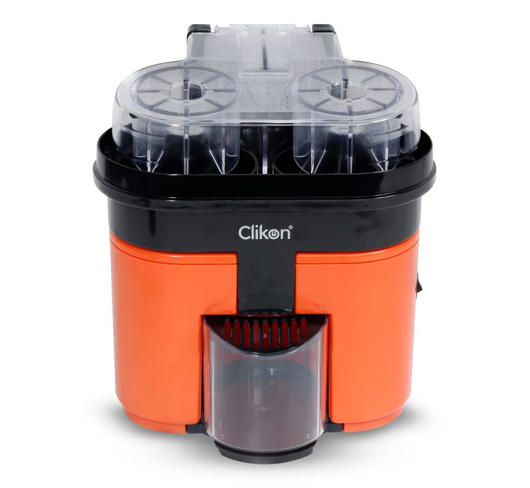 Clikon 2 in 1 Citrus Juicer with Dual Squeezer Technology, One Touch Operation, Built-in Citrus Slicer, 90 Watts, 2 Years Warranty, Orange and Black - CK2258