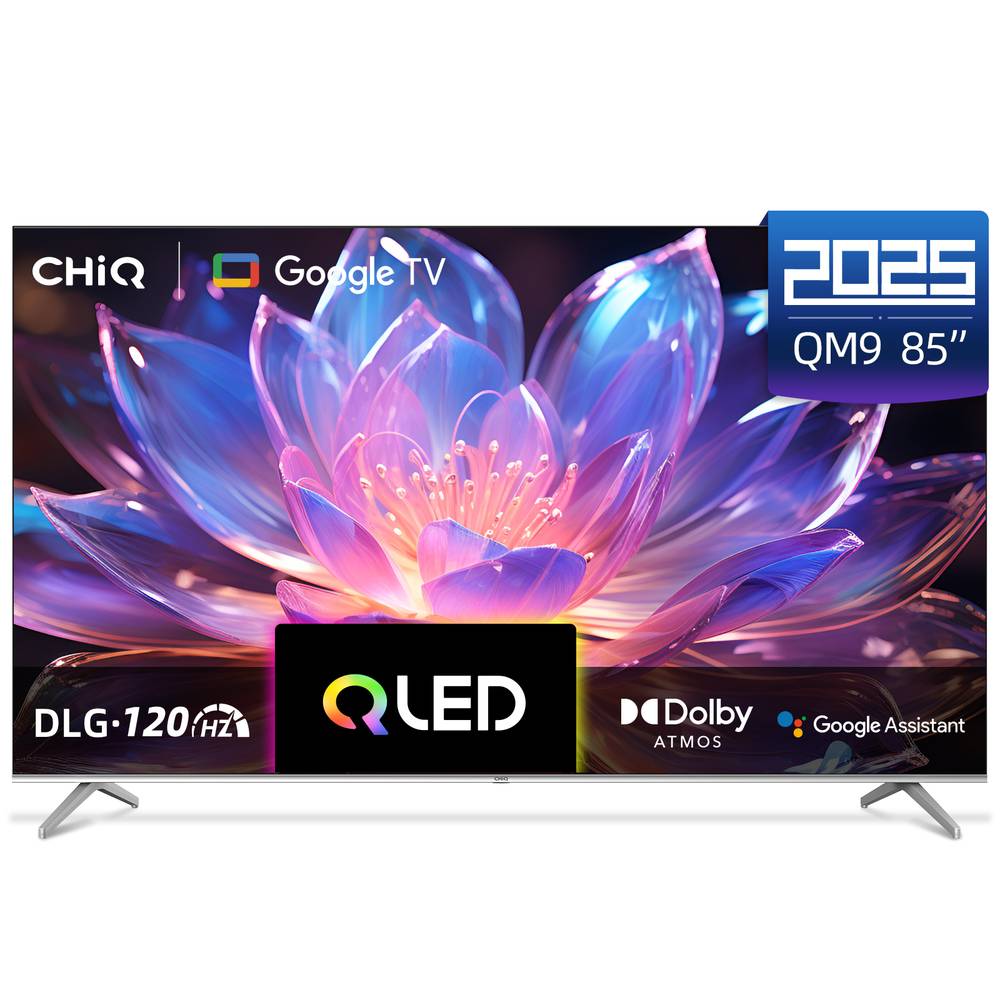 CHIQ 85 Inch QLED UHD 4K Smart Android Google TV, U85QM9S, (2025 Model) 120Hz Refresh Rate, 16GB Storage, Google Assistant, Youtube, Netflix, Chromecast Built In, HDMI, USB, Free To Air Decoder - Blac