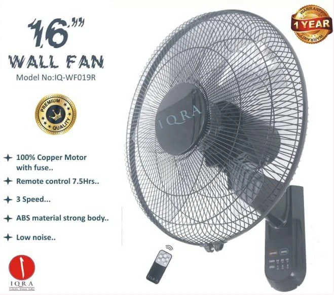 IQRA 16" Wall Fan With Remote IQ-WF019R; 50W; 100% Copper Motor, Timer - Black
