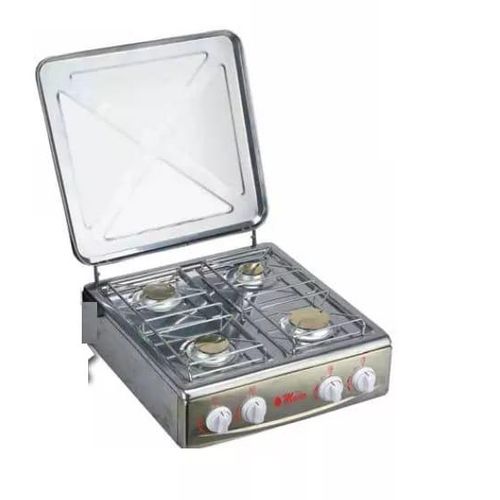 Electro Master 4 Burner Gas Stove Camping Manual Ignition control Knob Table Top Cooker With Removable Lid - Silver