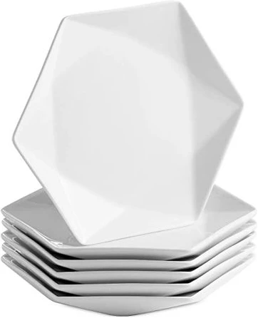 6 Pieces Of Hexagonal Plain Design Dinner Plates -White.
