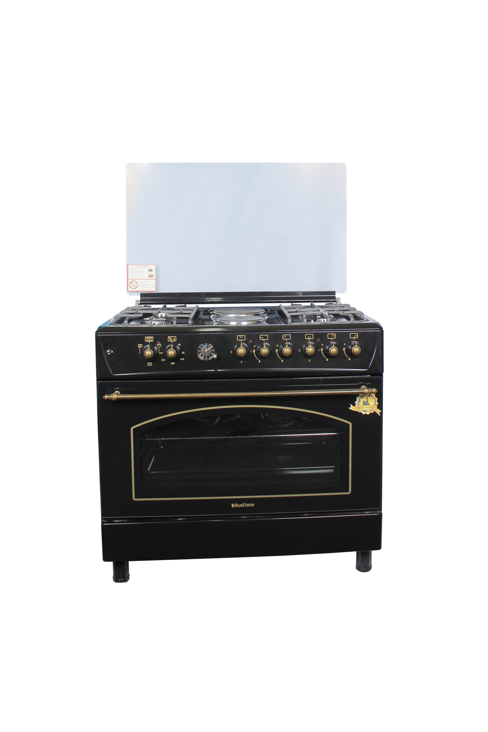 Blueflame 90x60cm Rustic Cooker FP942ERF – B, 4 Gas Burners + 2 Electric Plates, Electric Oven & Grill, Auto Ignition, Rotisserie, Thermostat, Oven Lamp, Oven Timer, Glass Lid, Turbo Fan, Cast Iron Pa