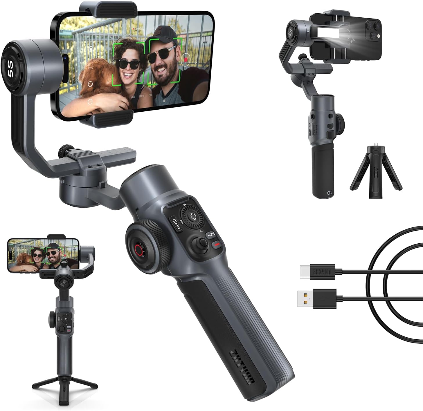 Zhiyun Smooth 5S Phone Gimbal, 3-Axis Smartphone Stabilizer with Built-in Fill Light, AI Face Tracking for iPhone and Android, YouTube TikTok Video, Gray