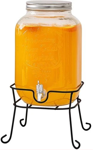 5L Glass Beverage Dispenser With Scroll Iron Stand, Stainless Steel Leak Free Spigot- Clear.