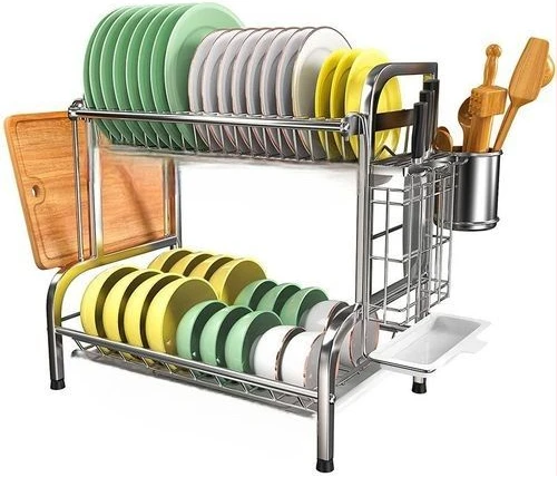 2 Tier Aluminum Plate Dish Drying Draining Rack Storage Organizer, Silver .