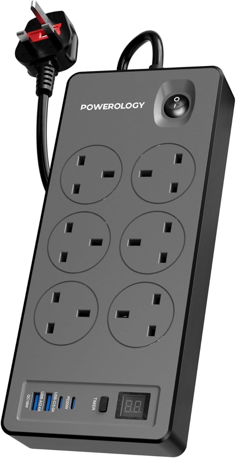 Powerology Multipurpose Power Strip 2990W, PD 20W, QC 18W, 99H Timer, 2M Cord Length Cable, for Tablets, Smartphones, Televisions, Gaming Console, Receivers, home theatre equipments (6 - AC Output)