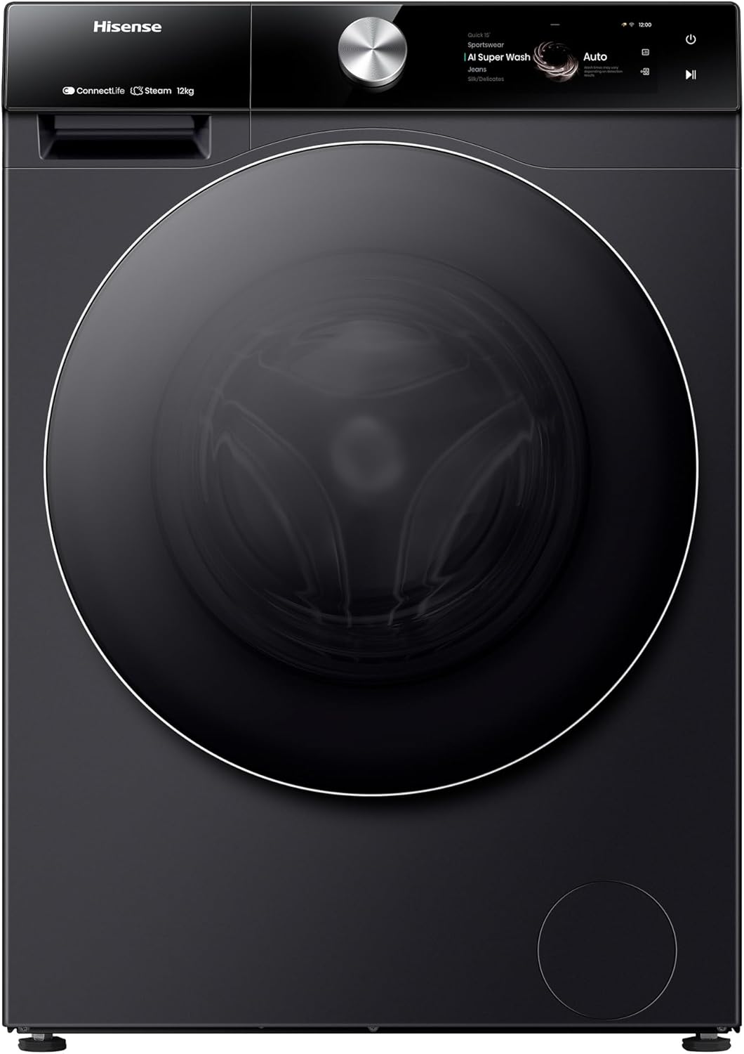 Hisense 12 Kg Washing Machine, WF7S1247BB 7S Series, with Inverter Motor, Smart WiFi, AI Super Wash Technology, 1400 RPM, Smart Energy Monitoring, 20 Programs, Auto Dosing System - Premium Black