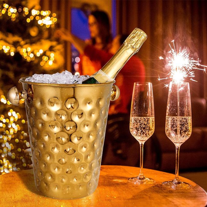 Fashionable And Creative Ice Bucket Stainless Steel Golden Hammered Mirror Pattern Ice Bucket Wine Champagne Ice Barrel For Party, Wedding, Banquet