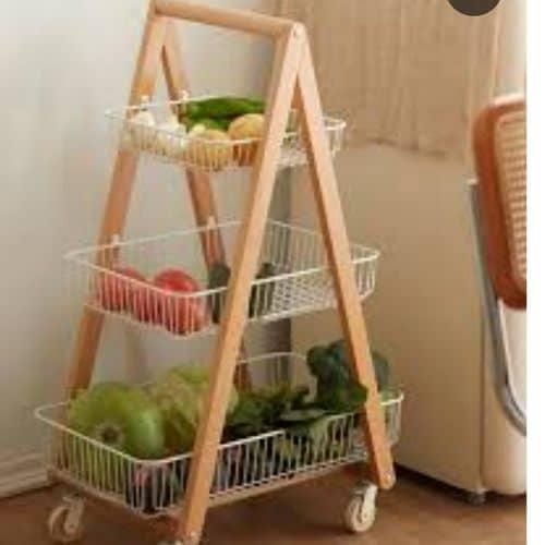 3 Tier Solid Wood Bathroom Bedroom Organizer Office Basket Kitchen Trolley Cart Storage Rack With Locking Wheels- Multicolor