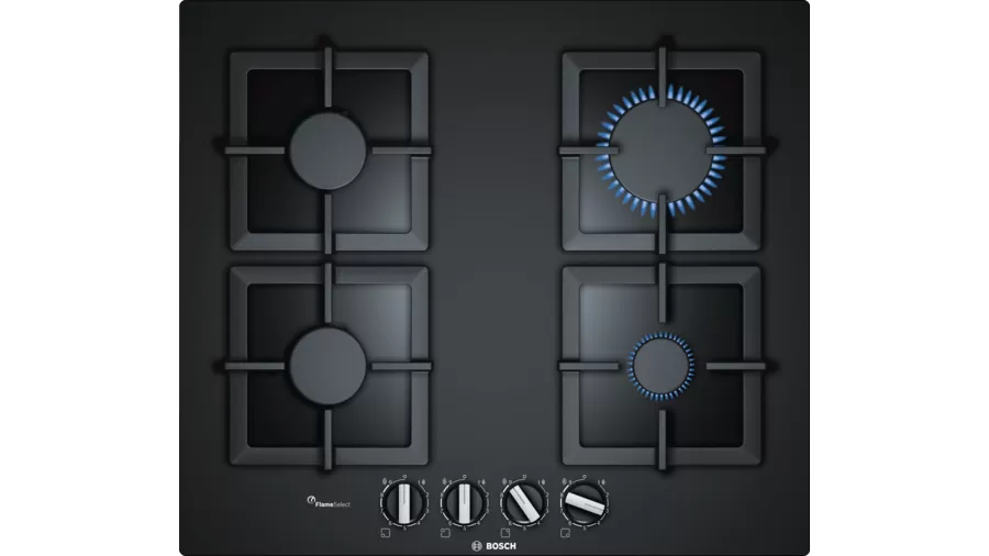 Bosch Serie 6 Gas Hob 60cm Tempered Glass PPP6A6B20, Black (4 Cooking Areas)