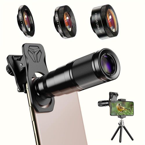 Apexel Phone Lens Kit - 22x Telephoto Lens, 205° Fisheye Lens, 120° Wide Angle Lens & 25X Macro Lens(Screwed Together), Compatible with iPhone,Samsung,Pixel - Black