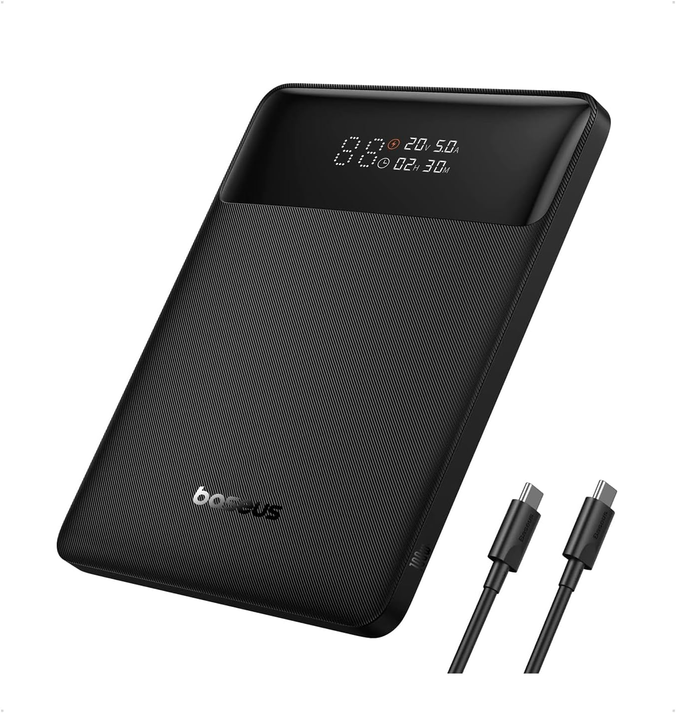 Baseus 20000 mAh Laptop Power Bank, 100W Super Fast Charging Portable Charger Battery Pack with USB-C Digital Display, Slim Battery High-Density Version, 4 Outputs, Compatible with MacBook Pro/Air, St