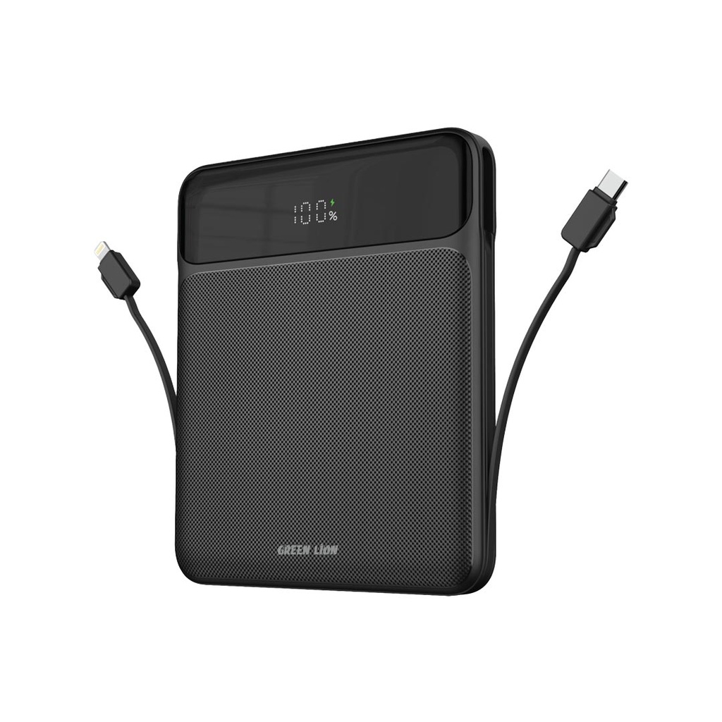 Green Lion Ultra Thin 120W 20000mAh Power Bank PD 100W, Laptop Charger, Built-In Lightning Head & Type-C Cable Black