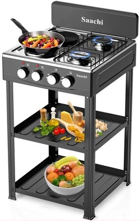 Saachi Stainless Steel Gas Burner With 2 Gas Tops, 2 Hot Plates & Shelves NL-GAS-5358 - Black