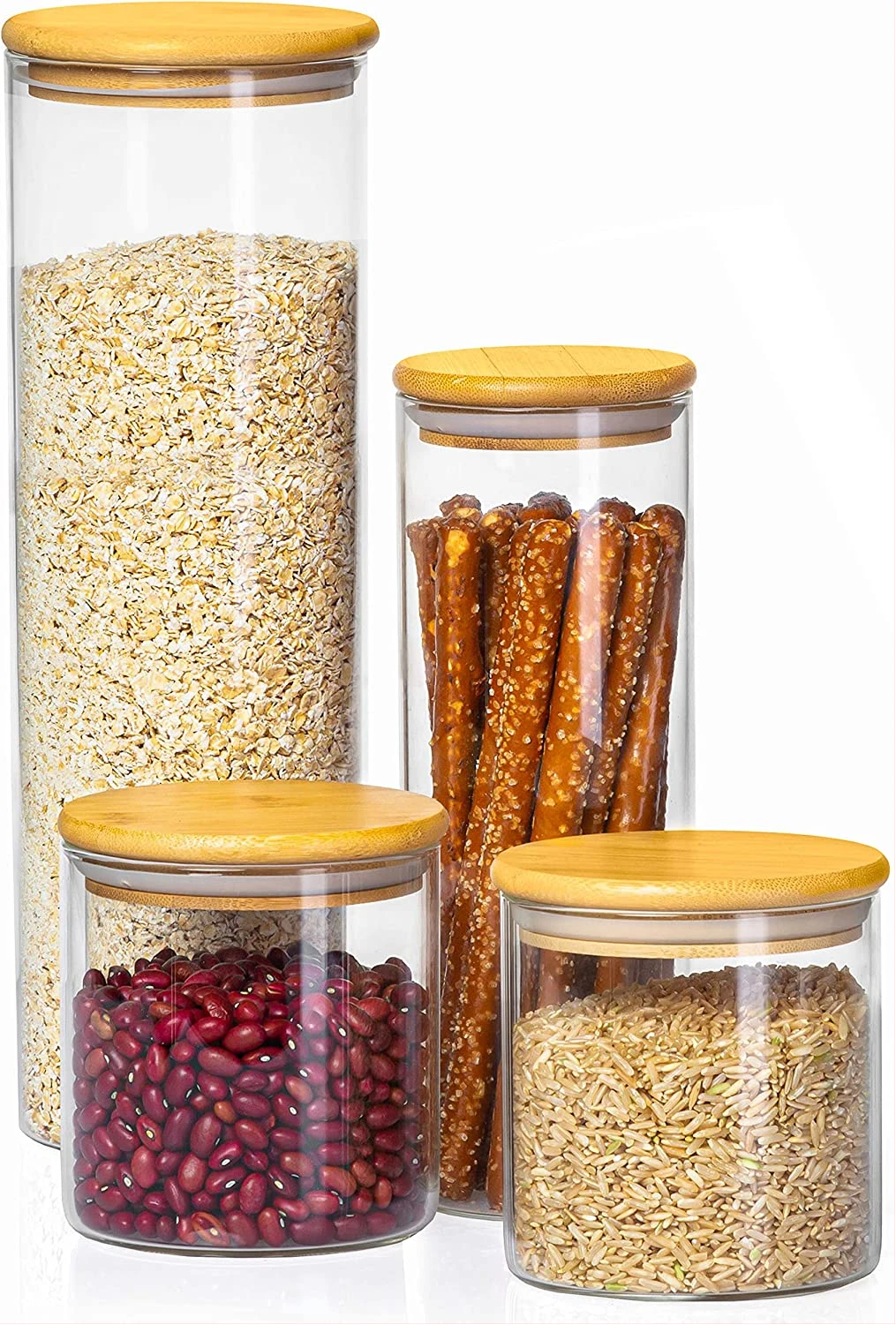 Glass Food Storage Containers with Bamboo Lids, 4 Pack - One 54 Fluid oz, One 32 Fluid oz, and Two 23 Fluid oz Airtight Clear Kitchen Organization Canisters