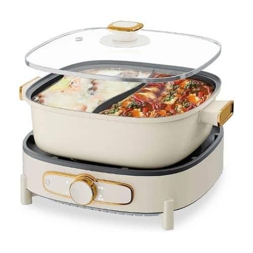 Boma Hot Pot Electric with Divider, 5L Double-Flavor Electric Shabu Shabu Pot, Removable Non-Stick Dual Sided Electric Cooker, 3" Depth Divided Pot with Multi-Power Contro