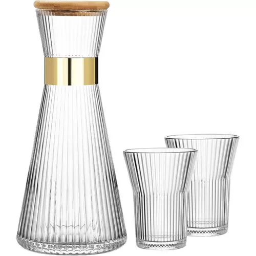 Ribbed Bedside Table Glass Water Carafe Set, 1 Crystal Glass Carafe with Lid (44oz), 4 Cups Without Tray, with Thickened Bottom, Food-Grade Silicone, Leak-Proof - Multicolor