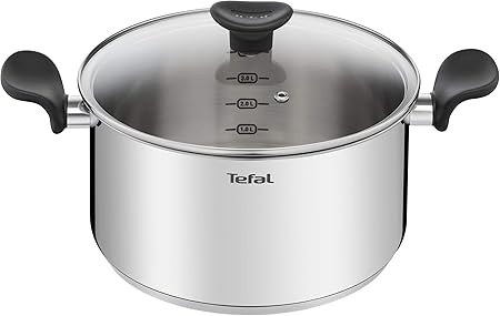 TEFAL Primary 24 cm Stew Pot+ Glass Lid,  5L Stainless Steel Cookware, Induction,  10-Year Warranty, Recipe Book-E3084604