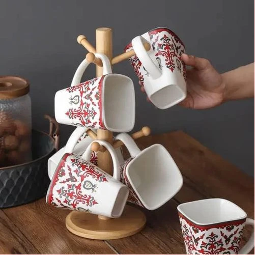 6 White Flowered Mugs Cups With Bamboo Stand Tree Holder With Thicker Base For Counter
