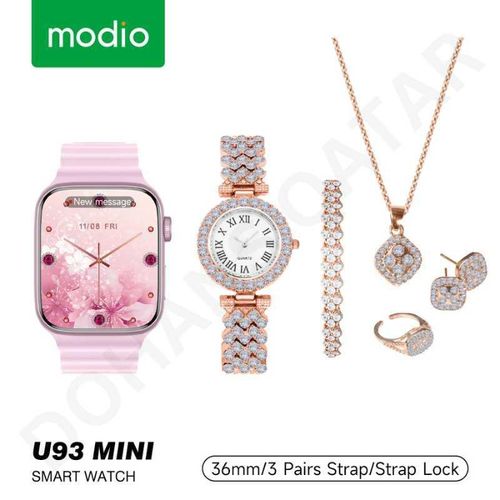 Modio U93 Mini 40 mm Smart Watch With 3 Pair Strap And Stylish Analogue Watch With Diamond Jewellery Accessories Combo For Ladies And Girls