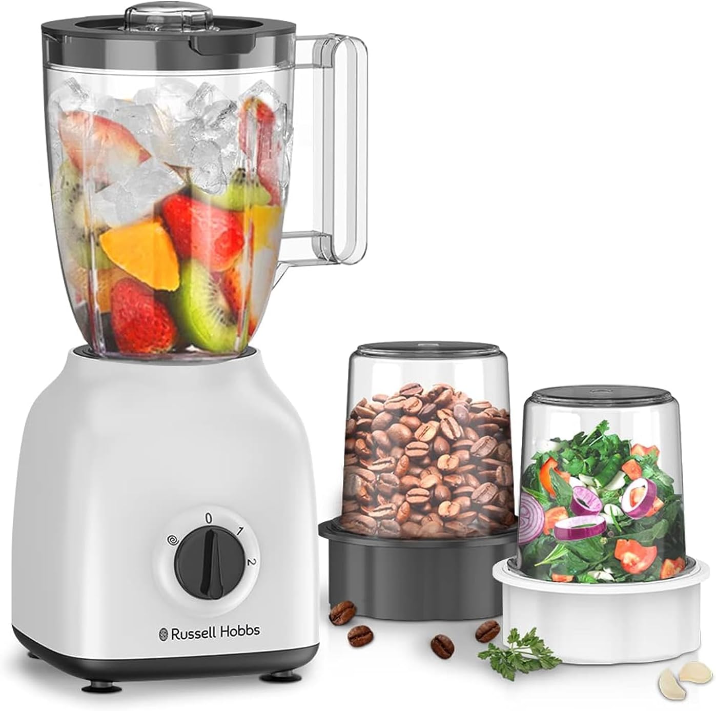 Russell Hobbs (BWM102) 3-in-1 Blender - 400W, Grinder & Chopper, 1.5L Smoothie Maker, 2 Speeds, for Coffee, Spices & Nuts, White - 1-Year Warranty