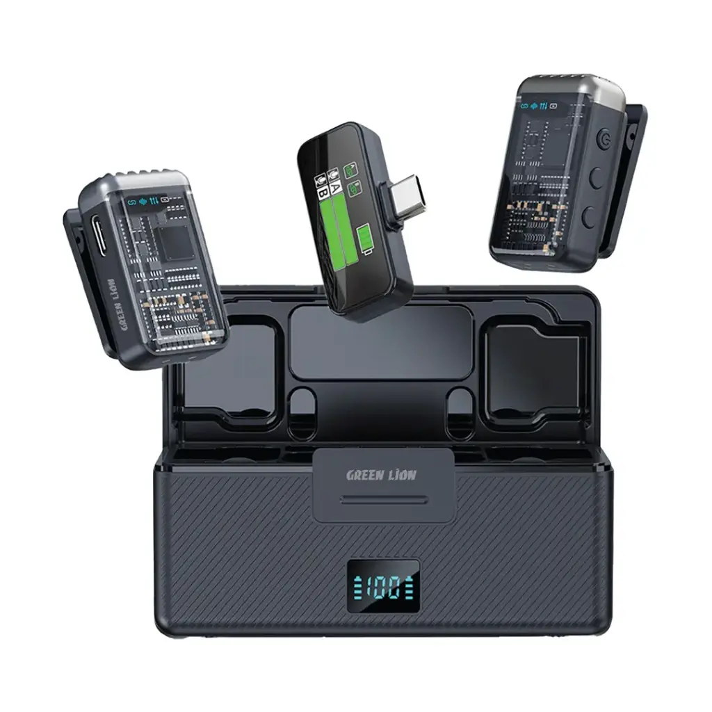 GREEN LION GM-90X Microphone Compatible with Type-C Devices and 3-Level Noise Cancellation / Portable Microphone / Digital Display / Ultra-Low Latency / Vibration Feedback - Black